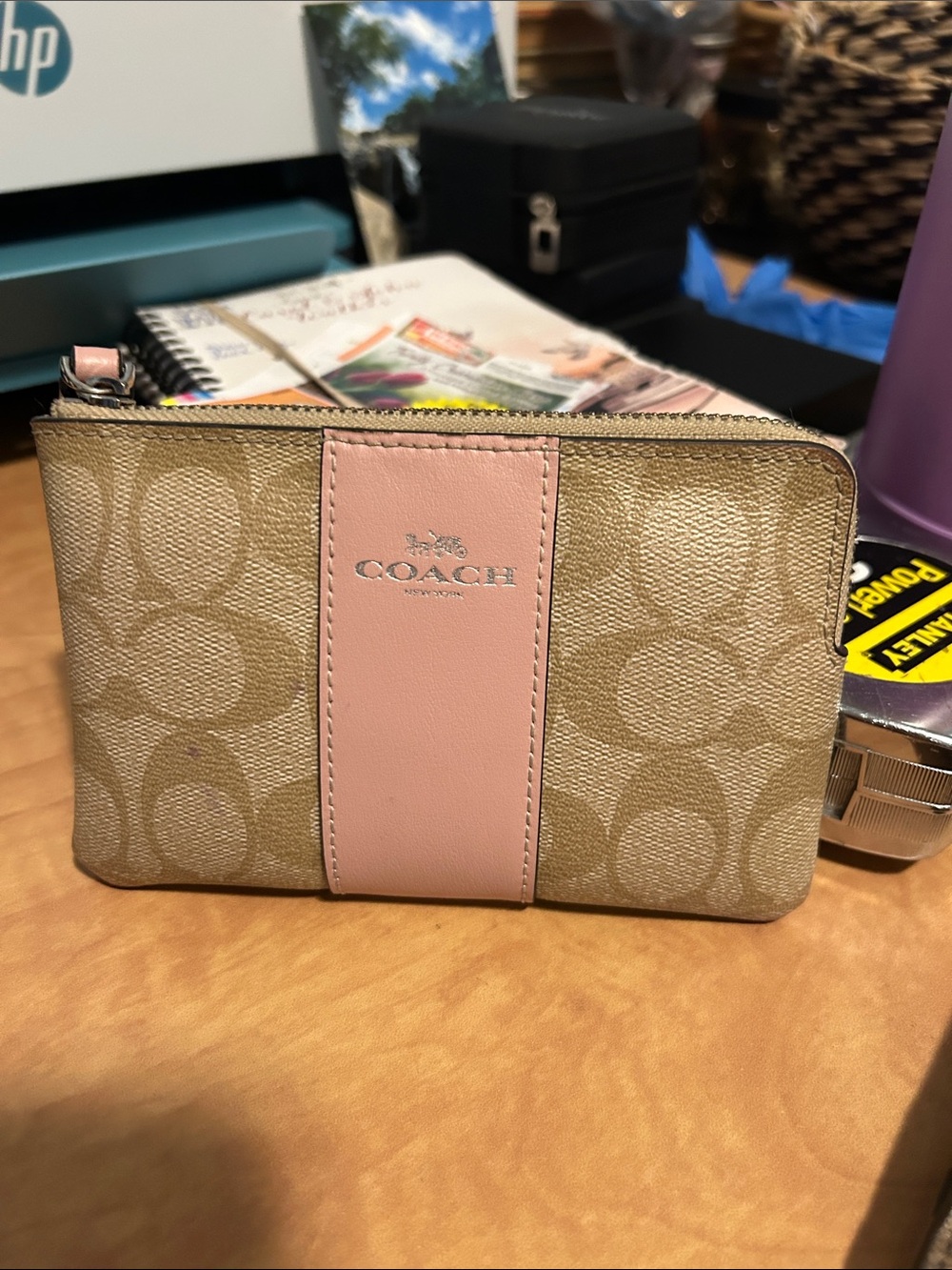 Coach Tan Signature Canvas Wristlet with Pink Center Stripe
